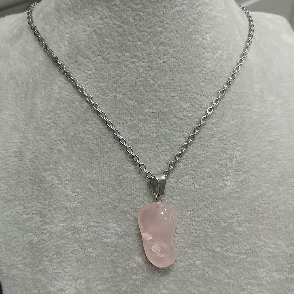 Rose Quartz Necklace Natural Gemstone Crystal Pendant Stainless-Steel Chain 20"